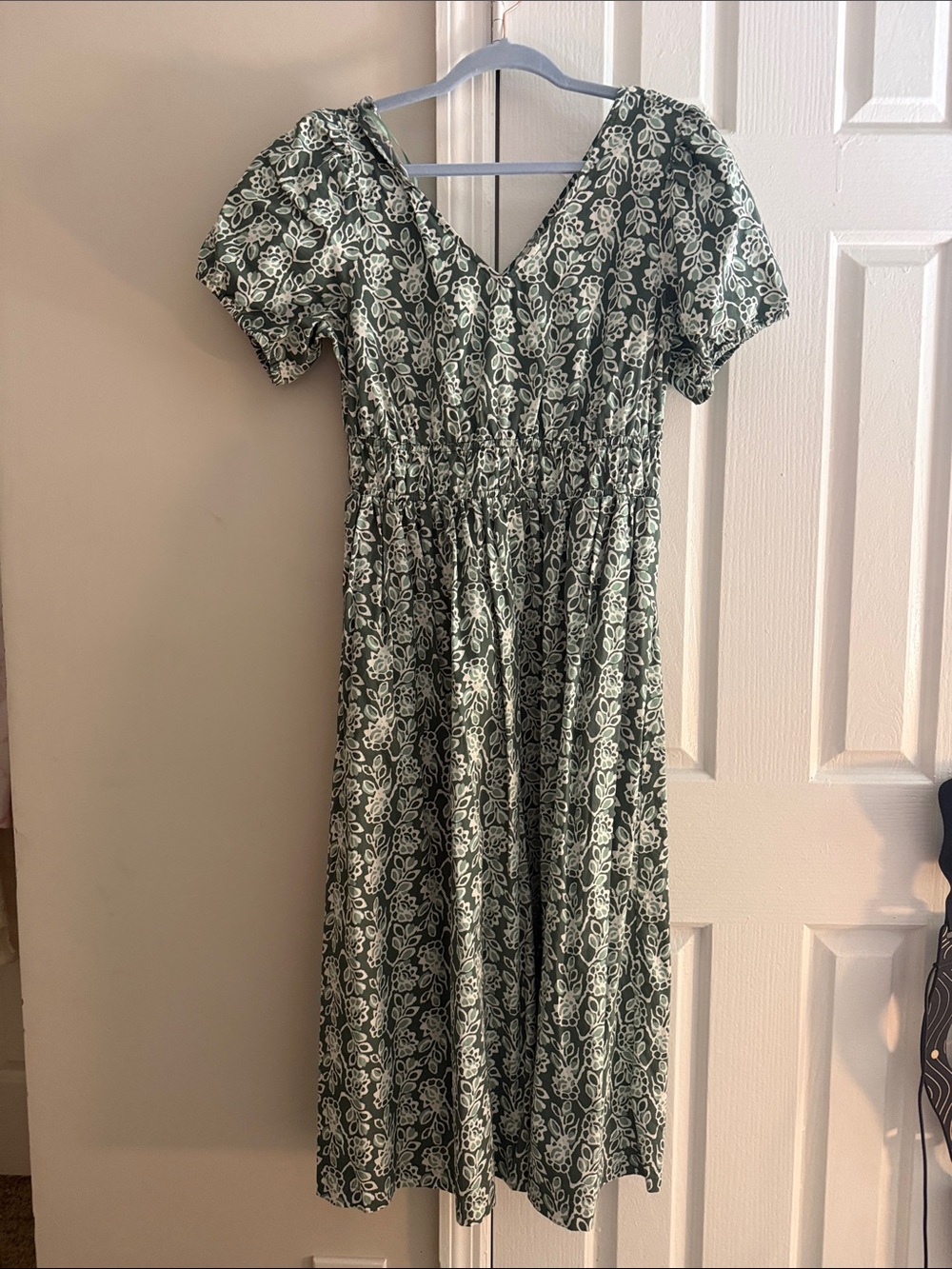 J. Crew Olive Green Floral V-Neck Midi Dress